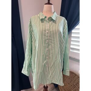 LANDS END Women's Blouse Green White Bengal Stripes Cotton 24W Casual Classic